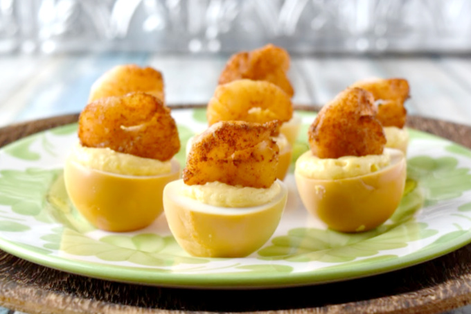 Smoked Chipotle Shrimp Deviled Eggs have smoked chipotle dusted shrimp and smoked eggs combined with mayonnaise and a delicious barbecue mustard sauce.  These will FLY off the table at your next backyard barbecue. #BBQWeek