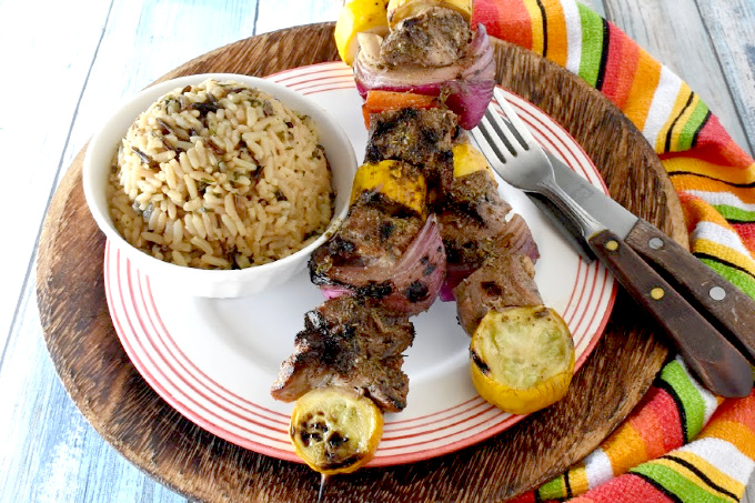 Greek Steak and Veggie Kabobs are packed with flavors but super simple to prepare.  The steak is marinated in Greek spices, olive oil, and balsamic for added flavor. #OurFamilyTable