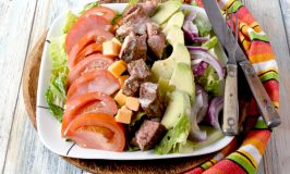 Blackened Steak Cobb Salad has a bit of spice and heat on top of crisp greens with onions, tomatoes, avocadoes, cheese, and hard-boiled eggs. It’s a hearty dinner salad that is quick and easy to make. #FarmersMarketWeek