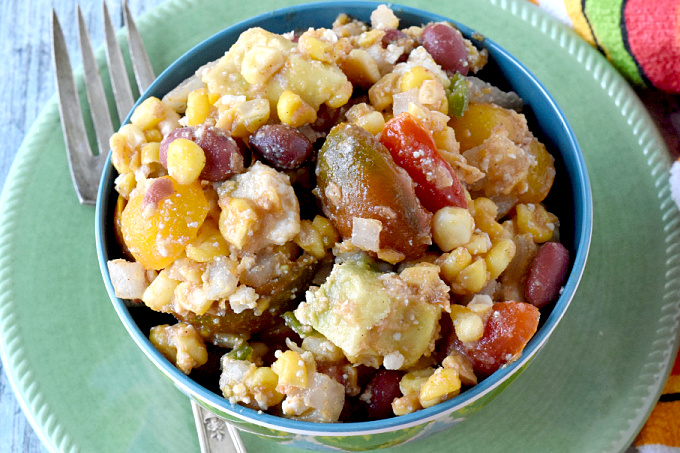 Corn and Tomato Salad uses leftover corn on the cob and grape tomatoes to make a delicious sauteed salad.  It's sweet, crunchy, and creamy all in one! #FarmersMarketWeek