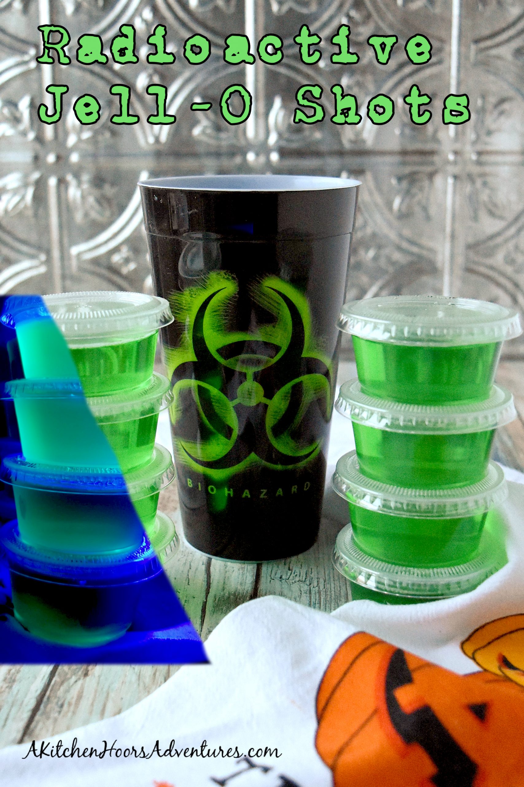 Radioactive Jell-O Shots are a simple gin and tonic with lime Jell-O.  The tonic water makes them glow under a black light which makes them even more fun to eat! #HalloweenTreatsWeek