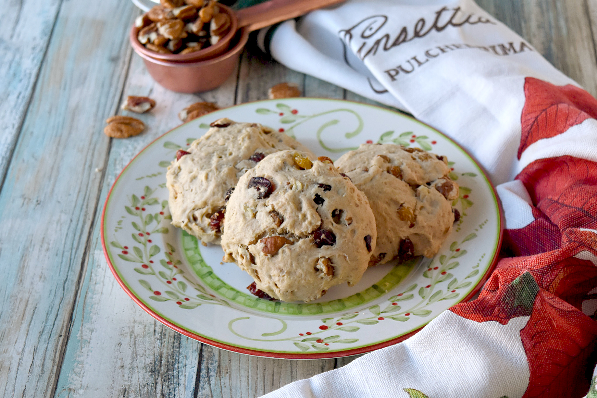 Hermit Cookies are hearty, packed with dried fruits and nuts, and perfect for dipping into coffee or tea.  More scone like than cookie, they’re slightly sweet with a soft, bread like texture.  And perfectly delicious! #ChristmasCookies