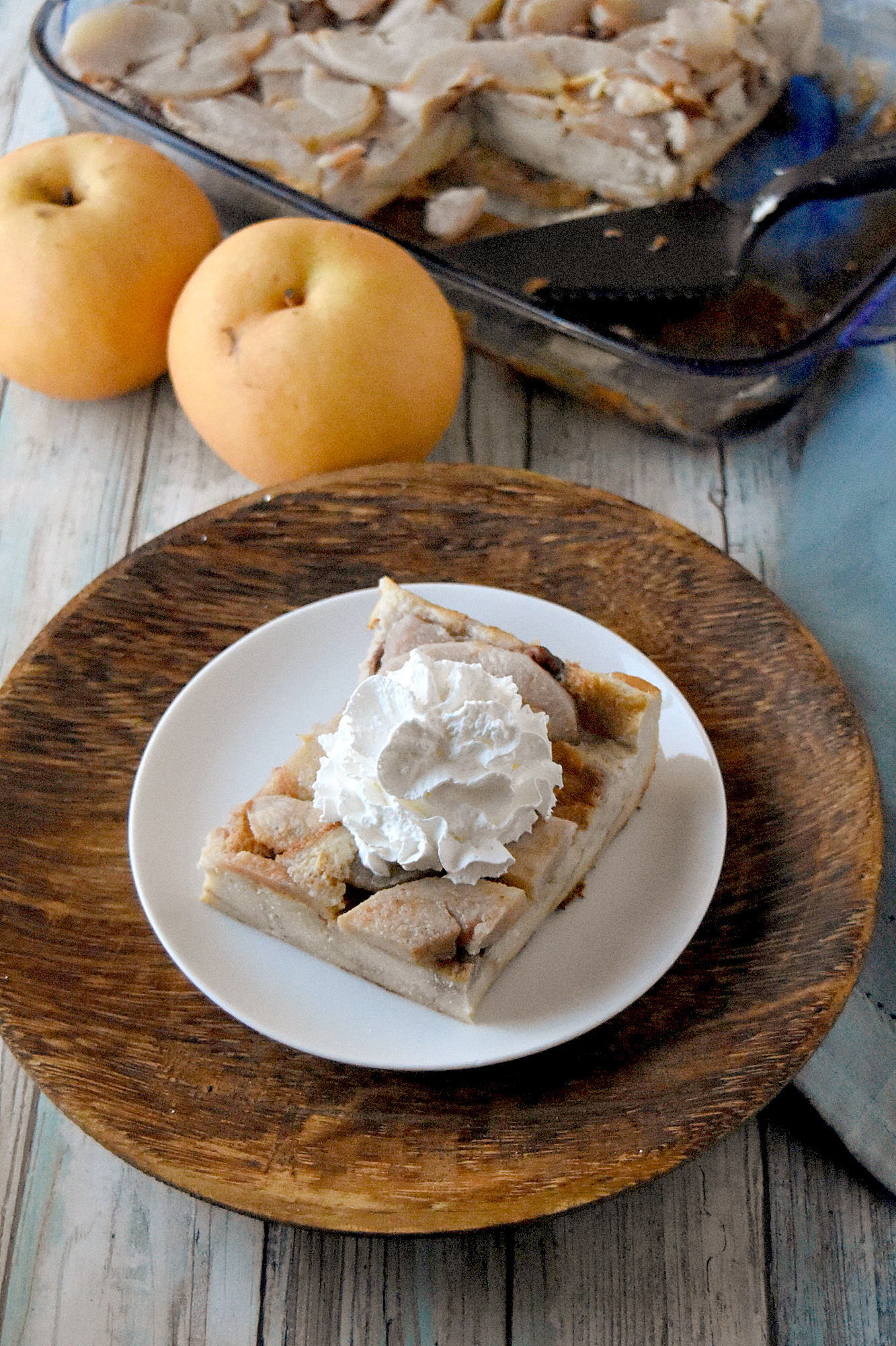 Butterscotch Pear Bread Pudding is rich with custard and bread topped with Butterscotch pears and caramel sauce.  It’s the perfect dessert to get you through winter. #FamilyBakingChallenge