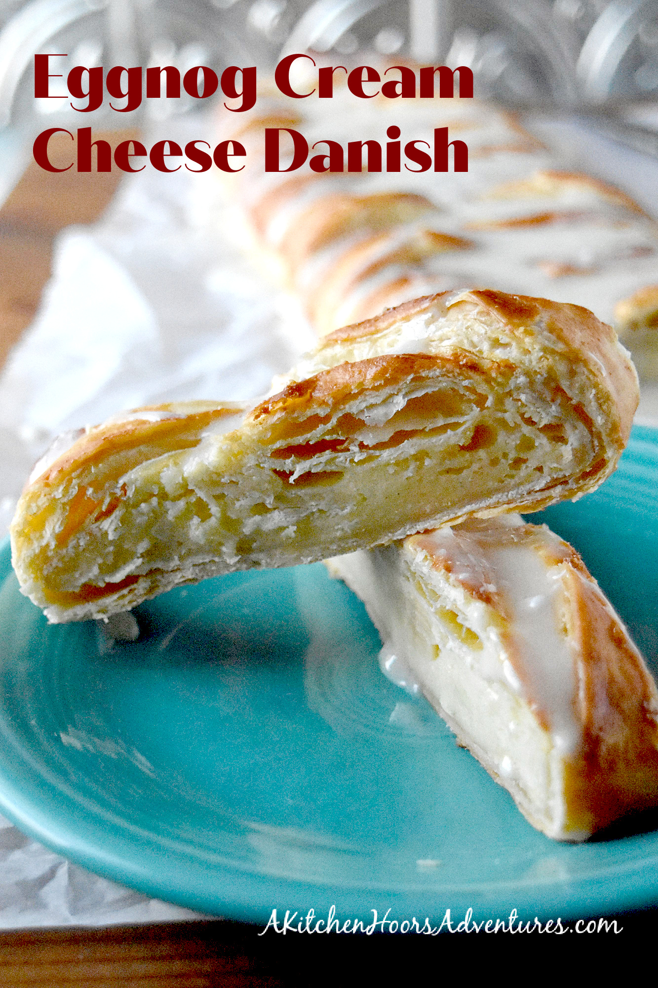 Eggnog Cream Cheese Danish comes together in no time and feeds the hungry masses until the presents are opened.  With a hint of eggnog in the filling and eggnog glaze on top, it’s the holidays wrapped in puff pastry. #ChristmasSweetsWeek