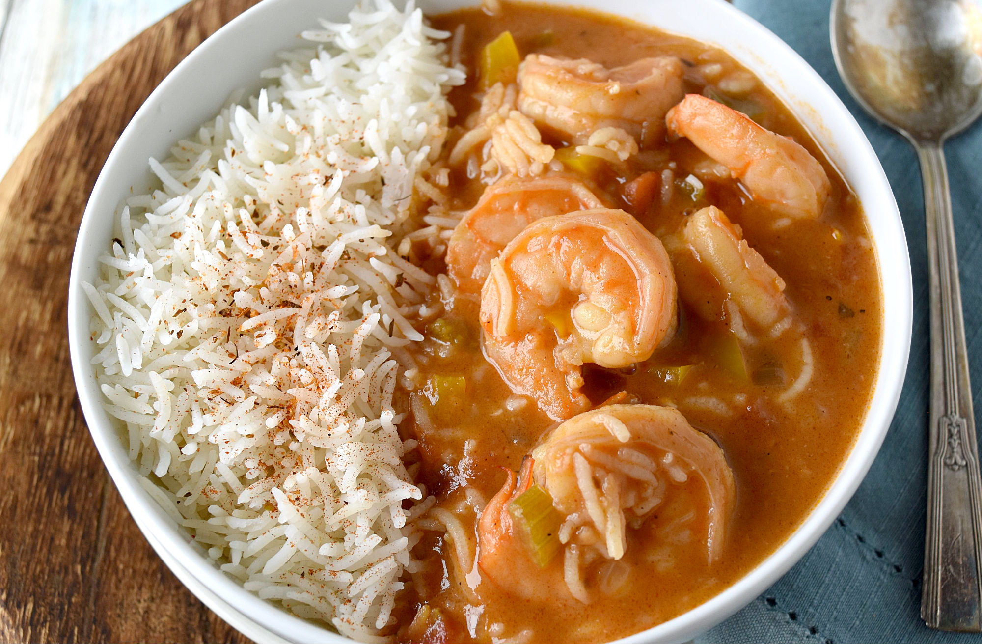 Shrimp Étouffée takes just a little effort but is will worth it!  The reward shrimp is a smooth and creamy broth and that thick and rich. #OurFamilyTable