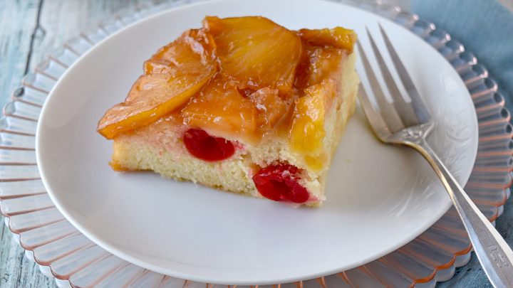 Fresh Pineapple Upside Down Cake has fresh, sweet t on top hand light and moist cake underneath.  It's a simple and quick cake that bakes up easily. #SpringSweetsWeek