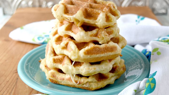 Cheesy Garlic Butter Waffles have only three ingredients.  They’re easy to make and taste so delicious! #OurFamilyTable