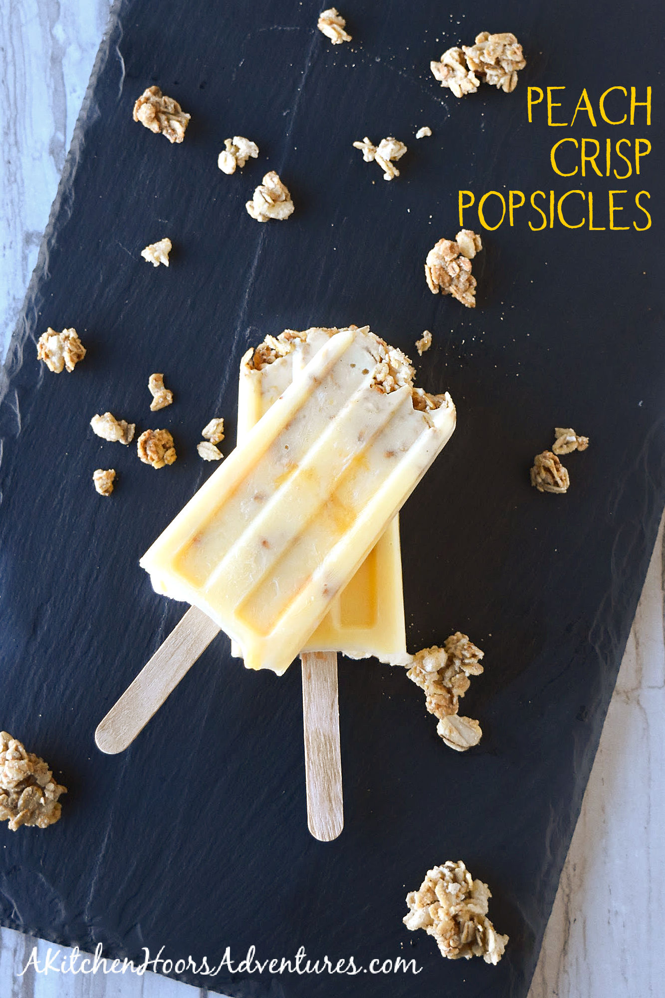 Peach Crisp Popsicles have delicious summer flavor in an easy to whip up frozen dessert. The granola adds the texture of a crisp without heating up the kitchen. #FarmersMarketWeek