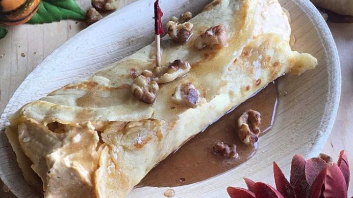 Pumpkin Crepes serve creamy pumpkin cream cheese filling wrapped in a tender crepe. A great fall treat for breakfast or dessert.