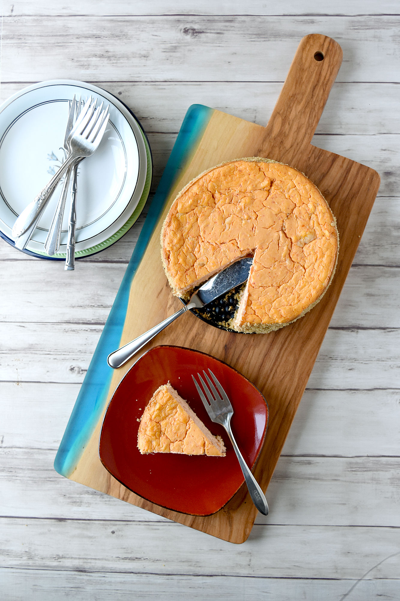 Roasted Red Pepper and Crab Savory Cheesecake has few ingredients, but still delight your family and guests with it's flavor.  A savory cheesecake is perfect for an appetizer or a light meal with a salad. #FallFlavors