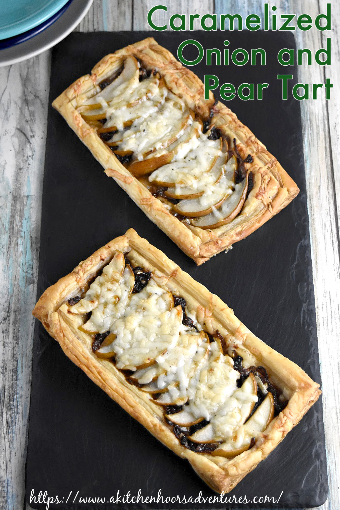 Caramelized Onion and Pear Tart is a perfect New Year’s finger food!  Sweet, caramelized onions, pears, and truffle goat cheese come together in puff pastry for a delicious appetizer. #OurFamilyTable