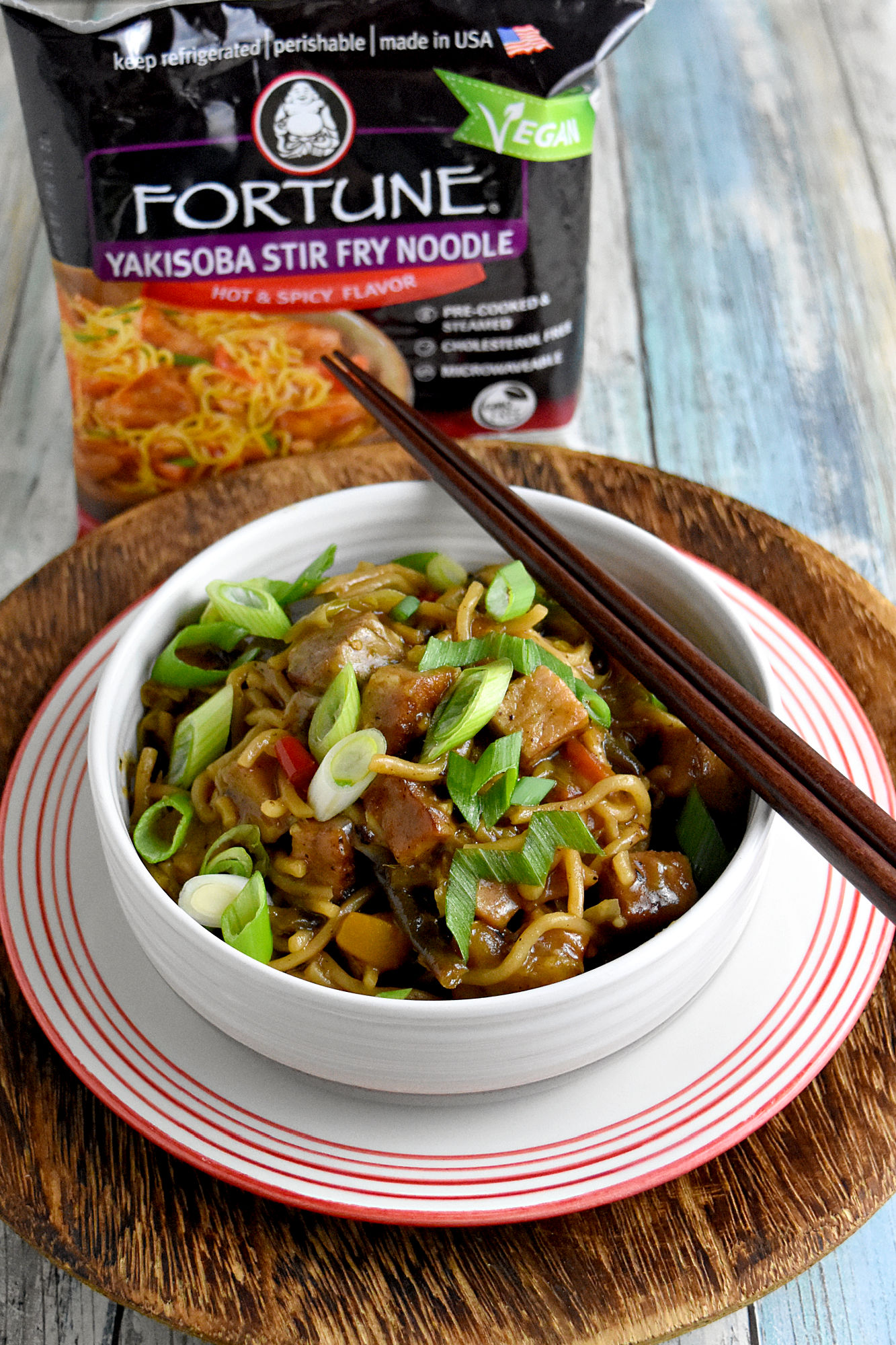 Pork and Noodle Stir Fry is a quick an easy dinner on the table super quick. The Fortune noodles cook up quick and taste hearty and delicious in this simple stir fry. #cooklikeawokstar #norulestostirfry #fortunerecipechallenge