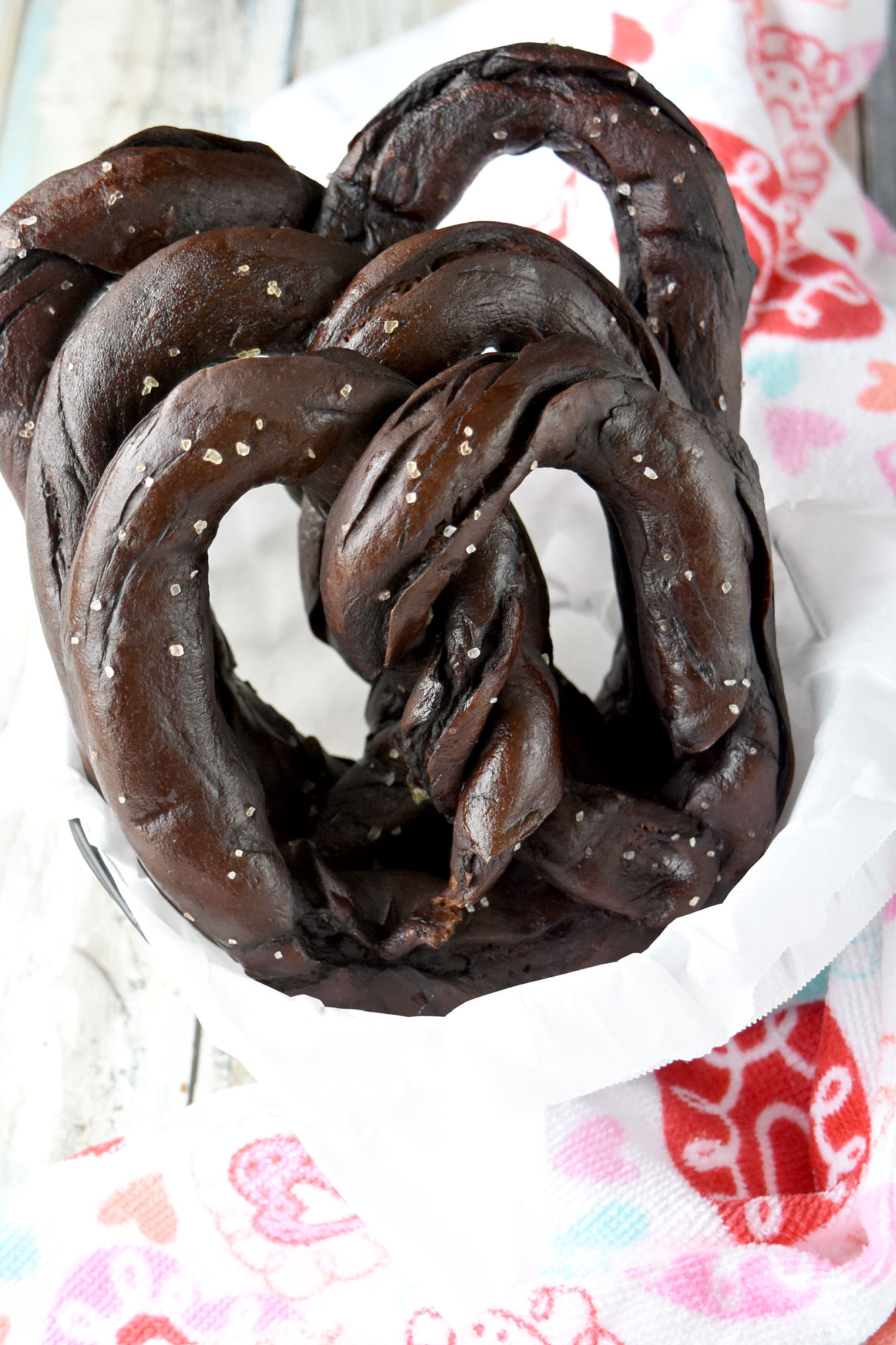 Easy Soft Chocolate Pretzels are chewy and delicious with the aroma and flavor of chocolate.  These are savory pretzels and taste delicious with a buckwheat honey mustard dipping sauce. #ChocolateWeek 