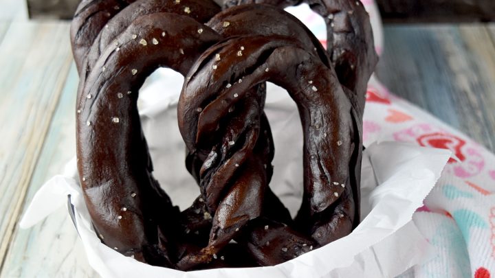 Easy Soft Chocolate Pretzels are chewy and delicious with the aroma and flavor of chocolate.  These are savory pretzels and taste delicious with a buckwheat honey mustard dipping sauce. #appetizer #softpretzel #homemadepretzel #NewYearsEve