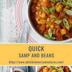 Quick Samp and Beans has curry powder, tomatoes, onions, bell peppers, black eyed peas, and hominy.