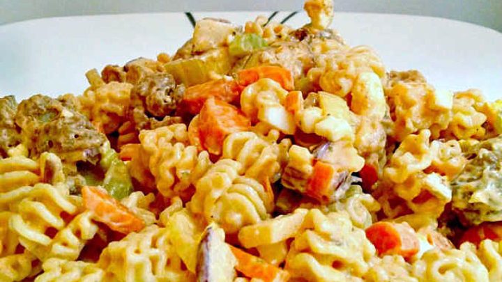 Buffalo Chicken Pasta Salad uses leftover boneless buffalo chicken wings to make a deliciously quick and spicy weeknight dinner, but you could use any boneless and skinless chicken you have available. #BuffaloChickenPastaSalad #PastaSaladPerfection #SpicySaladSensation #SummerEats #EasyPastaRecipes #pastasalad #rotisseriechicken #Buffalochicken #TailgateFavorites #SpicyPastaSalad #PastaSaladObsessed