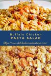 Buffalo Chicken Pasta Salad uses leftover boneless buffalo chicken wings to make a deliciously quick and spicy weeknight dinner, but you could use any boneless and skinless chicken you have available. #BuffaloChickenPastaSalad #PastaSaladPerfection #SpicySaladSensation #SummerEats #EasyPastaRecipes #pastasalad #rotisseriechicken #Buffalochicken #TailgateFavorites #SpicyPastaSalad #PastaSaladObsessed