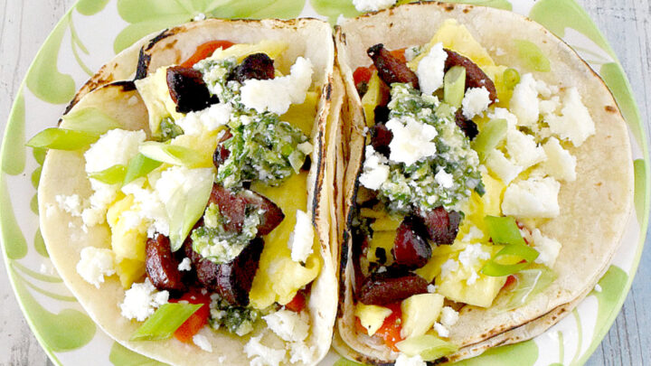 Chorizo and Egg Breakfast Tacos have such delicious flavor! From the slightly spicy chorizo to the fresh chimichurri these tacos have so much flavor. #OurFamilyTable
