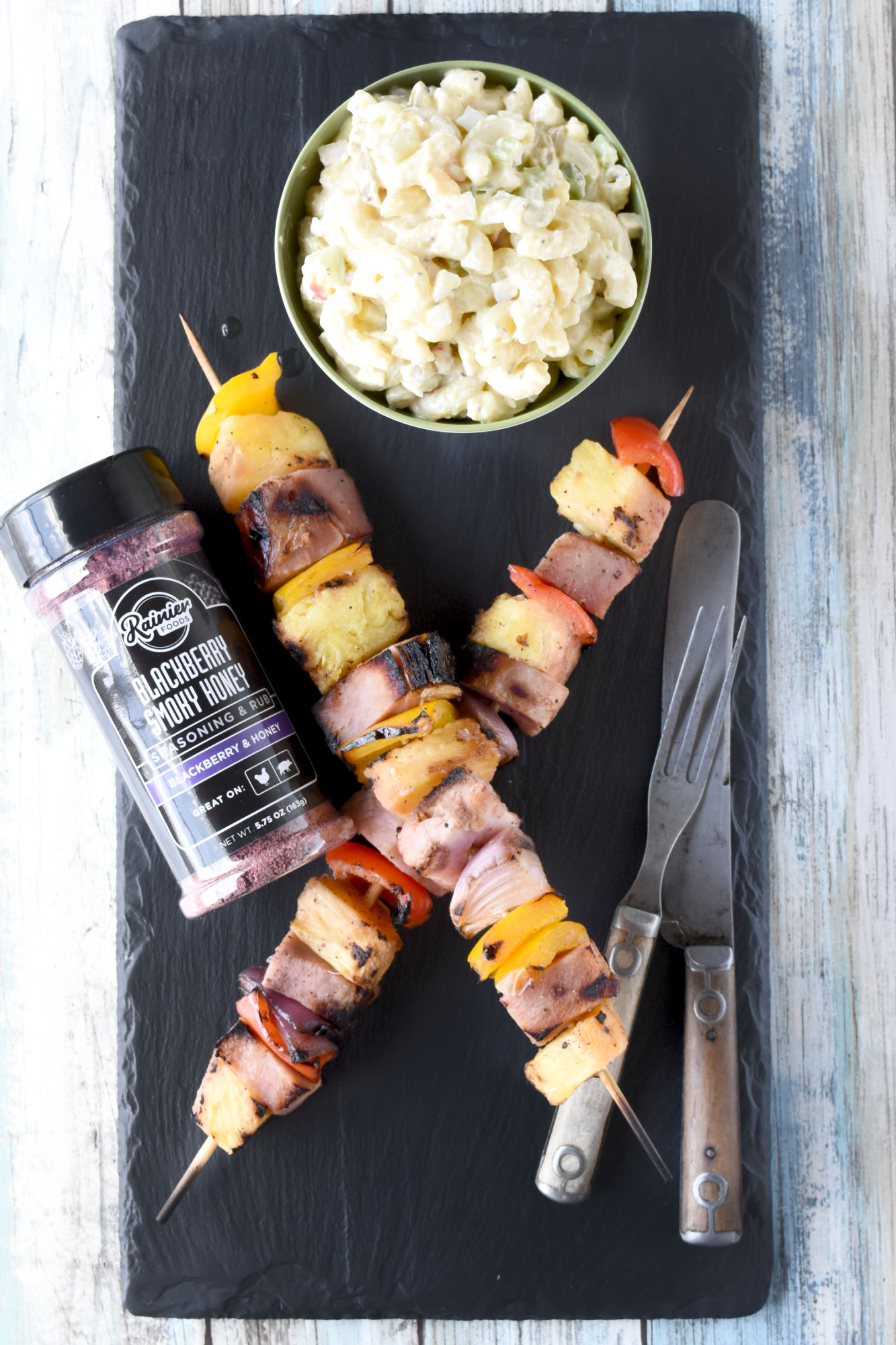 You can make Spicy Hawaiian Ham Kabobs with leftover ham, fresh pineapple, and some veggies.  Sprinkle some Blackberry Smoky Honey seasoning for a sweet and spicy kick that makes these kabobs absolutely delicious. #BBQWeek