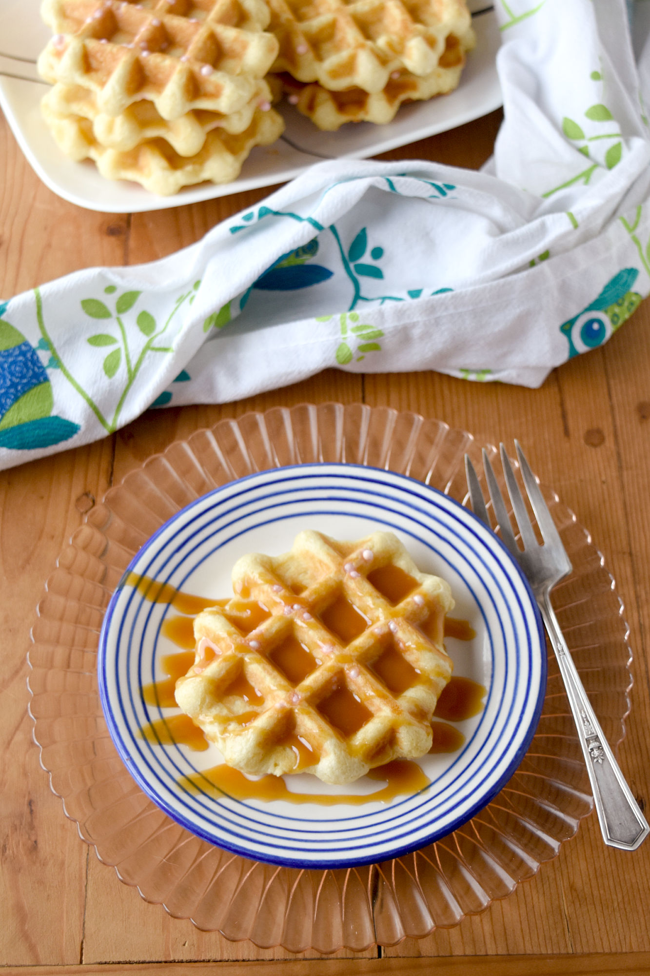 Peach Liège Waffles are a rich, yeast waffle that’s more bread than waffle.  They’re lightly sweet and packed with ripe peaches. #FarmersMarketWeek