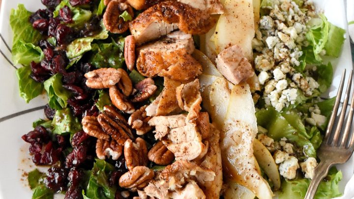 Autumn Cobb Salad has all the fall flavors. From sweet and crisp pears to crunchy pecans, and sweet tart dried cranberries. It’s a hearty and delicious fall cobb salad.  #FallFlavors #cobbsalad #pears #USAPears