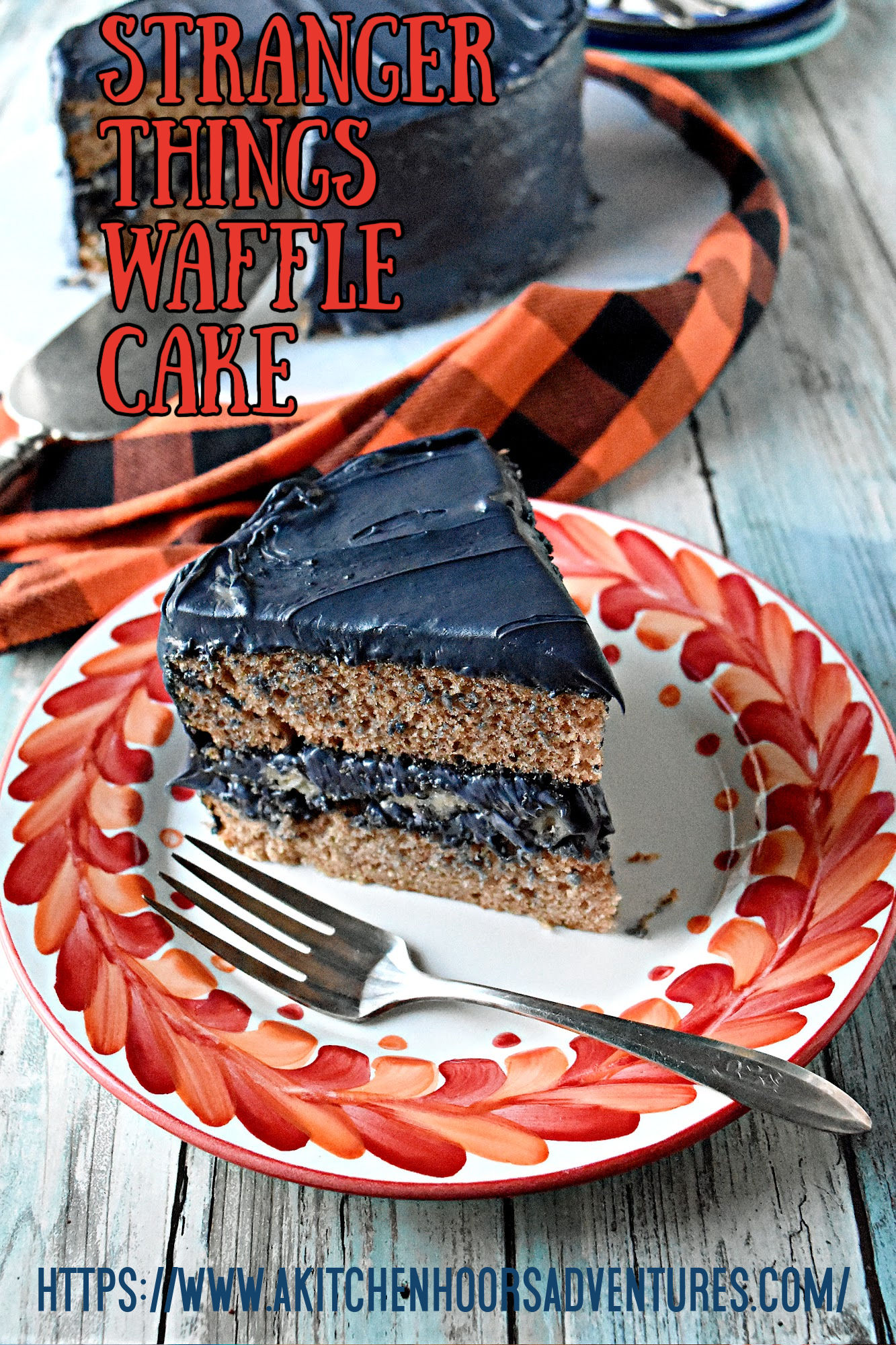 Stranger Things Waffle Cake is a spiced cake with a twist.  There’s a waffle layer in the middle adding a fun twist to this cake.   #HalloweenTreatsWeek #StrangerThings #cake #Halloween #wafflecake