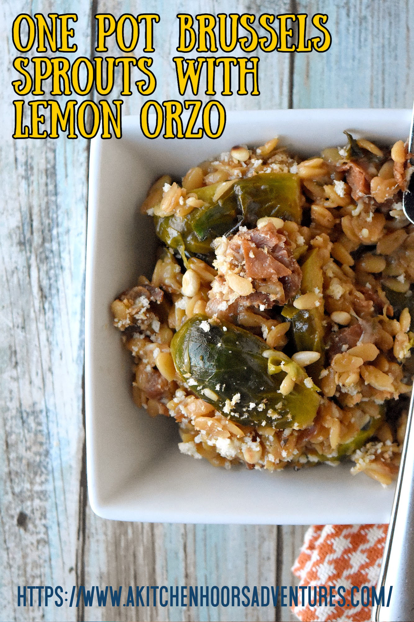 One Pot Brussels Sprouts and Lemon Orzo has smoky pancetta, Brussels sprouts, and orzo with lemon.  It’s easily doubled for a large holiday party or family gathering.  Or just to have leftovers for lunch! #HolidaySideDishes #Brusselssprouts #orzo #onepotrecipe #sidedish