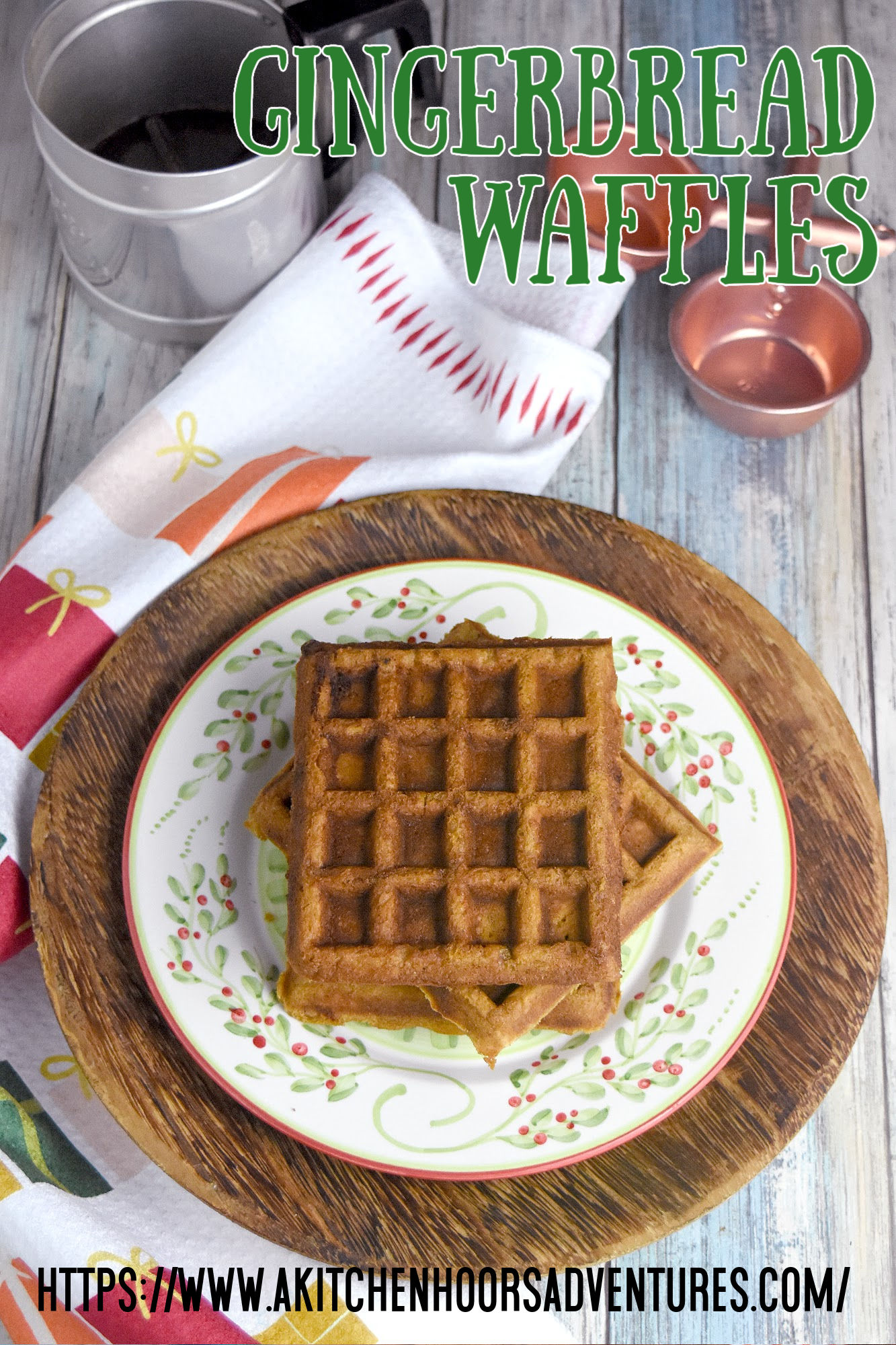 Gingerbread Waffles have all the gingerbread flavor in a delicious and easy waffle form. The spices are warming and delicious and the waffles whip up in minutes. Perfect for a holiday brunch. #ChristmasSweetsWeek #waffle #gingerbread #gingerbreadwaffles #easy #brunch