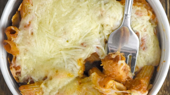 Chicken Parm Pasta Bake is a simple recipe with only five ingredients. But the chicken Parm flavors are all there in this easy and delicious casserole. #OurFamilyTable #chickenParm #casserole #pastadish #bakedpasta