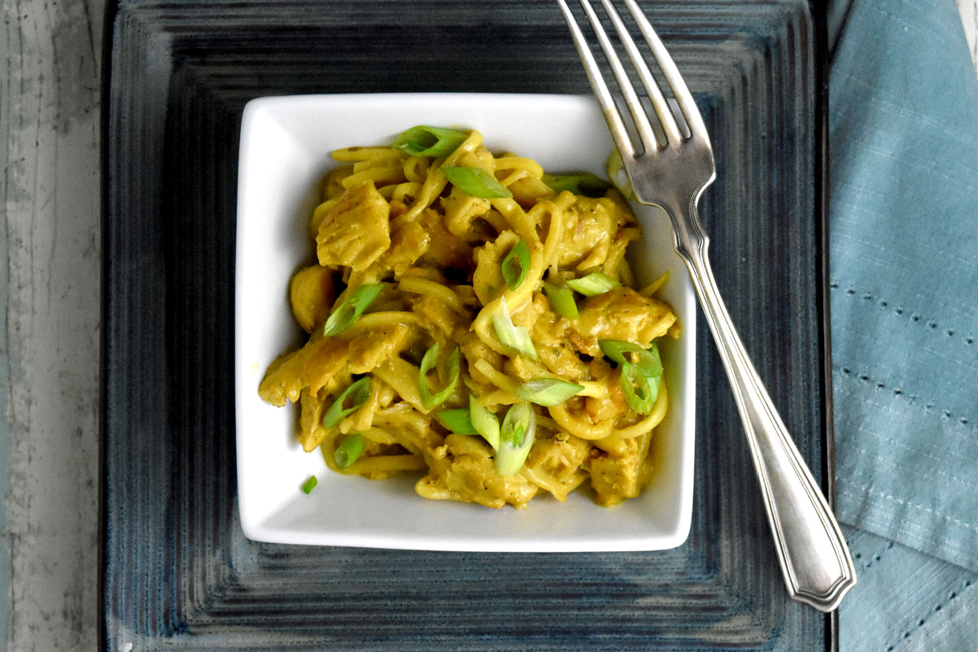 Thai Curry Chicken Pasta is rich, delicious, full of curry coconut richness.  This recipe not only tastes amazing, but is also keto, paleo, and gluten free! #kevinsrecipechallenge #glutenfree #paleo #keto #heartsofpalmnoodles