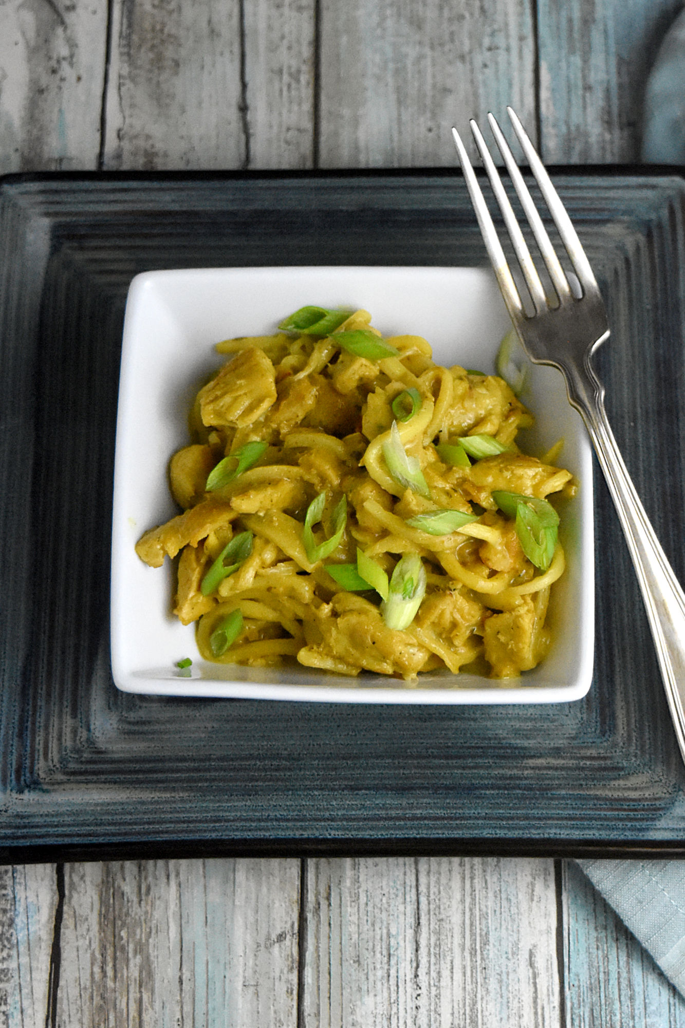 Thai Curry Chicken Pasta is rich, delicious, full of curry coconut richness.  This recipe not only tastes amazing, but is also keto, paleo, and gluten free! #kevinsrecipechallenge #glutenfree #paleo #keto #heartsofpalmnoodles