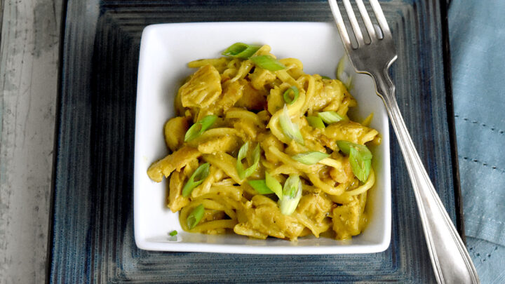 Thai Curry Chicken Pasta is rich, delicious, full of curry coconut richness. This recipe not only tastes amazing, but is also keto, paleo, and gluten free! #kevinsrecipechallenge #glutenfree #paleo #keto #heartsofpalmnoodles