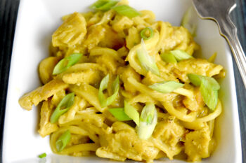 Thai Curry Chicken Pasta is rich, delicious, full of curry coconut richness. This recipe not only tastes amazing, but is also keto, paleo, and gluten free! #kevinsrecipechallenge #glutenfree #paleo #keto #heartsofpalmnoodles