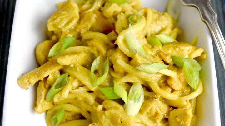 Thai Curry Chicken Pasta is rich, delicious, full of curry coconut richness. This recipe not only tastes amazing, but is also keto, paleo, and gluten free! #kevinsrecipechallenge #glutenfree #paleo #keto #heartsofpalmnoodles