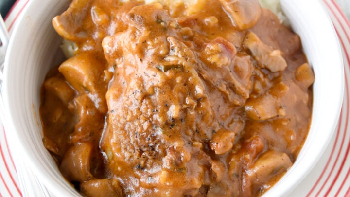 Chicken Chasseur, also called Hunter’s Chicken, combines crispy chicken with a chasseur sauce made of mushrooms, wine, tomatoes, , broth, and herbs. Serve this dish to someone special and they will love you for it! #OurFamilyTable #HunterChicken #chasseursauce #ValentinesDay #comfortfood #onepotrecipe