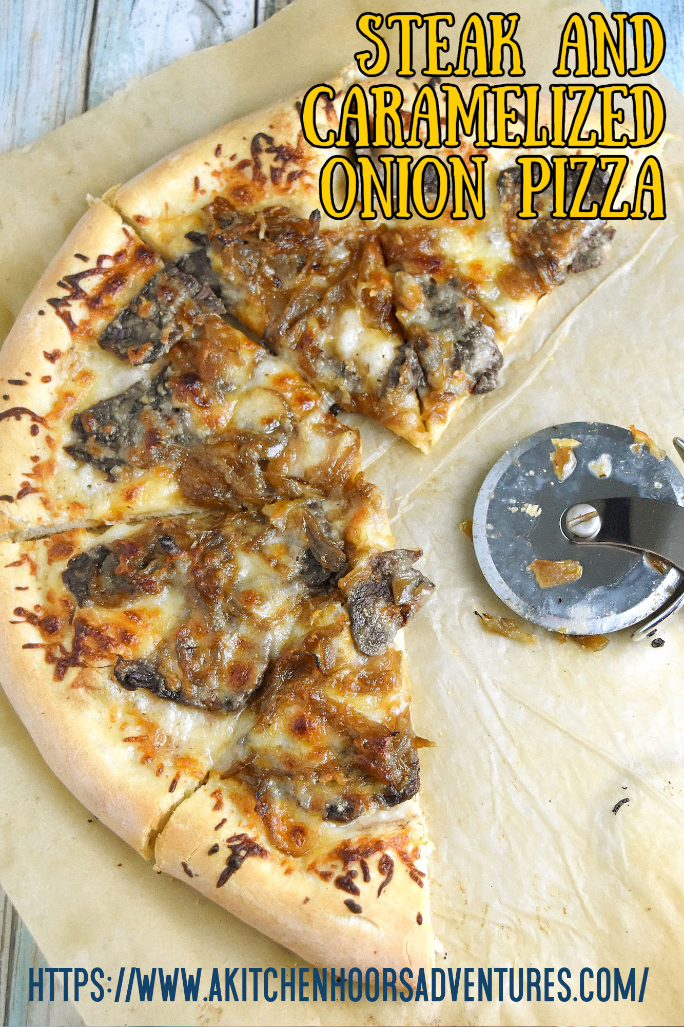 /Steak and Caramelized Onion Pizza is simple to make. The steak is cooked on the pizza which makes it tender and delicious with the caramelized onions. #OurFamilyTable #pizza #steakpizza #caramelizedonionpizza #steakandonions