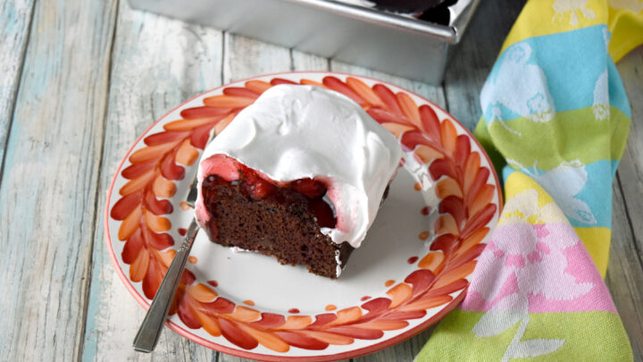 Black Forest Snack Cake has all the delicious chocolate and cherry flavors in an easy to make snack cake. The chocolate snack cake has cherry flavors inside the cake and has a cherry topping. #ad #SpringSweetsWeek #Easter #BlackForestCake #easycake #cherrytopping