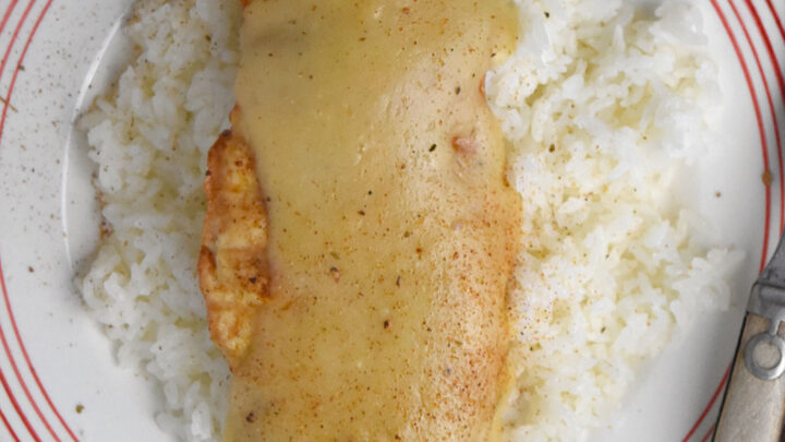Air Fryer Chicken with Cajun Velouté Sauce sounds fancy but it’s made with simple ingredients. Chicken, butter, flour, broth, and Cajun seasoning is all you need for this delicious dinner. #OurFamilyTable #Veloutesauce #Mothersauces #Cajun #airfryerchicken