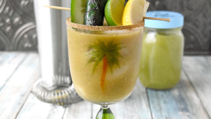 A Verde Mary is a delicious twist on a Bloody Mary! The base is made with tomatillos, jalapenos, green chiles, celery just to name a few green ingredients. #BrunchWeek #bloodyMary #VerdeMary #cocktail