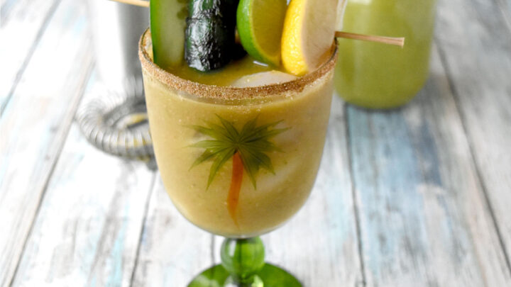 A Verde Mary is a delicious twist on a Bloody Mary! The base is made with tomatillos, jalapenos, green chiles, celery just to name a few green ingredients. #BrunchWeek #bloodyMary #VerdeMary #cocktail
