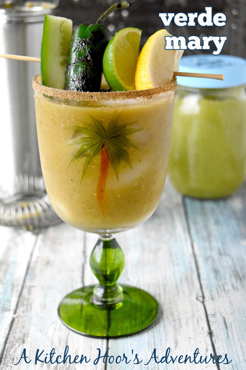 A Verde Mary is a delicious twist on a Bloody Mary! The base is made with tomatillos, jalapenos, green chiles, celery just to name a few green ingredients. #BrunchWeek #bloodyMary #VerdeMary #cocktail
