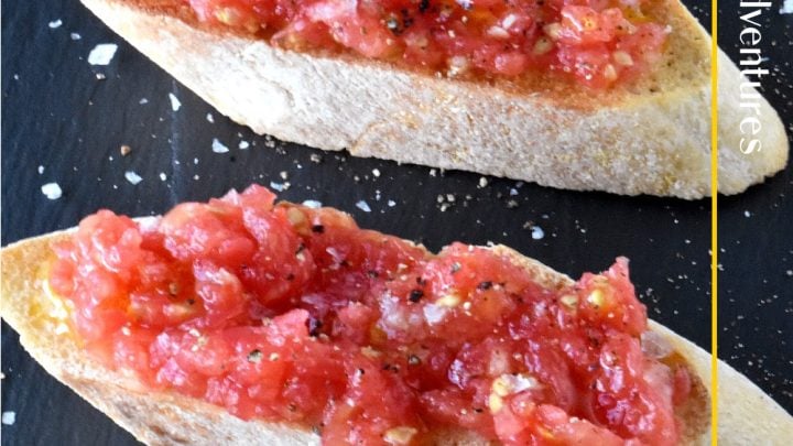 Elevate your next party with a Spanish twist by serving Pan con Tomate.  It's a crowd-pleasing appetizer that's easy to make with a handful of ingredients that pack a ton of flavor. #PanConTomateLovers #SpanishTapasVibes #FoodieFiesta #BreadAndTomato #TasteOfSpain #FarmersMarketWeek