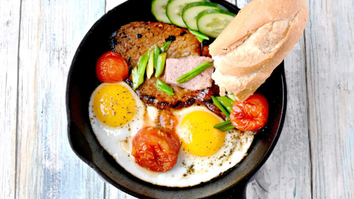 Wake up your taste buds with this delicious Bo Ne Vietnamese steak and eggs dish. The perfect balance of savory steak and runny eggs will take your breakfast or brunch game to the next level. #BoNeVietnameseSteak #EggsVietnameseStyle #VietnameseBreakfast #SteakAndEggsLover #SaigonBreakfastVibes #Vietnamesefoodlove #steaklover #homemadebone #foodiesofinstagram #porkpate #patelover