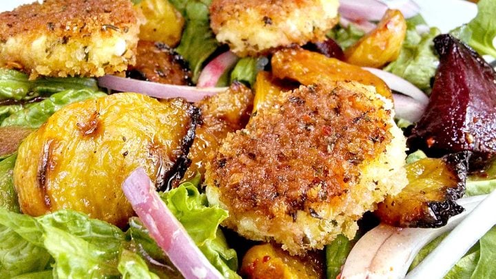Forget boring salads, our Roasted Beet and Crispy Goat Cheese Salad is a showstopper. Bursting with colors and flavors, it's the ultimate #copycat salad recipe. #BeetSaladBliss #HealthyEatingHabits #CheeseLoversUnite #FoodieFinds #SeasonalEats #SaladLover #HealthyEatingMadeEasy #VeggieLoversUnite #FarmToTableFlavors #GoatCheeseObsessed #SaladPerfectionGoals
