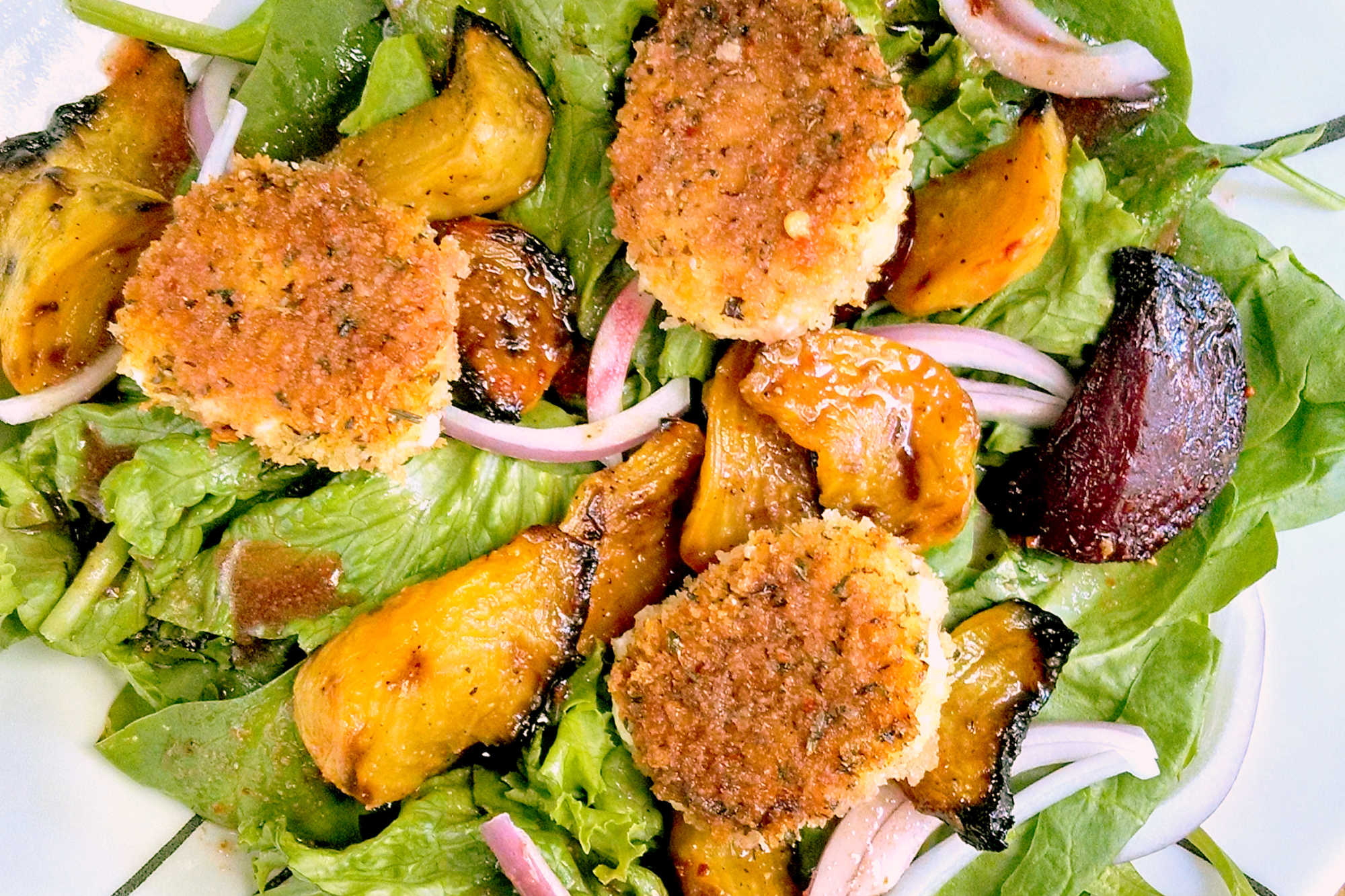 Forget boring salads, our Roasted Beet and Crispy Goat Cheese Salad is a showstopper. Bursting with colors and flavors, it's the ultimate #copycat salad recipe. #BeetSaladBliss #HealthyEatingHabits #CheeseLoversUnite #FoodieFinds #SeasonalEats #SaladLover #HealthyEatingMadeEasy #VeggieLoversUnite #FarmToTableFlavors #GoatCheeseObsessed #SaladPerfectionGoals