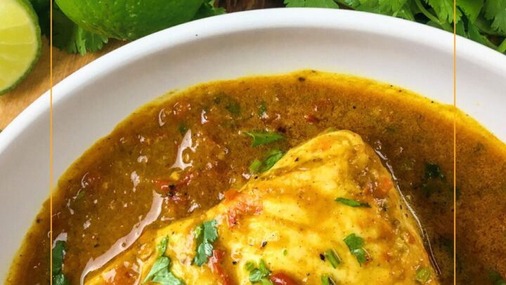 Coconut Fish Curry recipe is a delectable medley of caramelized onions, coconut milk, tomatoes and spices surrounding tender flaky white fish that cooks up in about 30 minutes.