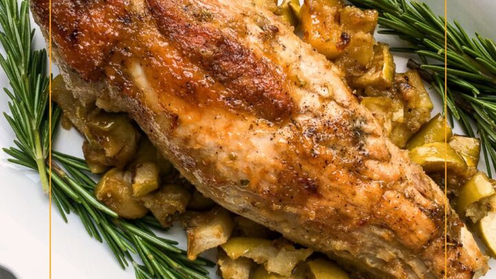 Honey Apple Pork Tenderloin is a deliciously simple pork roast seasoned with honey, applesauce, fresh rosemary and a kick of mustard. Roast some apples along side for a fabulous meal.