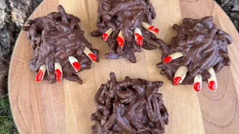 Classic chocolate haystack cookies are turned into a fun Halloween treat with some slivered almonds to look like claws. Add some red gel icing for an extra spooky touch.