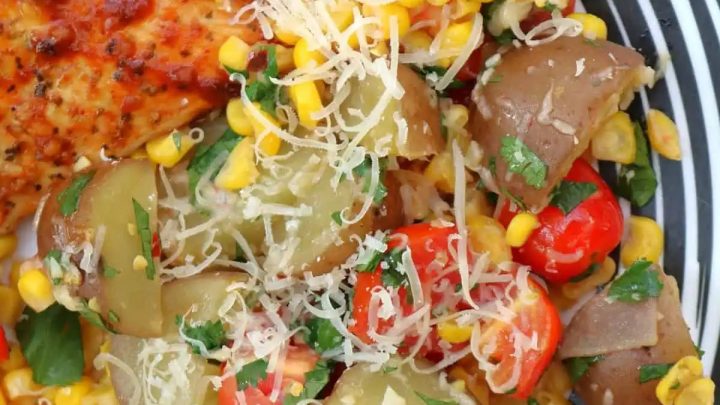Looking for an easy but not boring side dish for your summer BBQ meats? Try these baby potatoes with tomato corn saute.