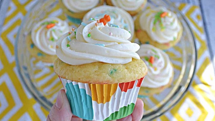 Made using a spring Funfetti cake mix as the base, they’re light, fluffy, and speckled with colorful bursts of confetti sprinkles and are topped off with homemade buttercream frosting.